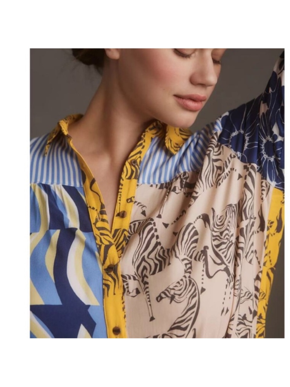 Maeve Anthropologie The Paz Button Down Patchwork Zebra Print Blue Yellow Shirt - Picture 4 of 10